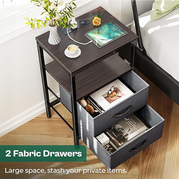 Huuger Nightstand with Charging Station, Fabric Drawers, End Table with Open Shelf, Bedside Table with USB Ports and Outlets, Night Stand for Bedroom, Walnut