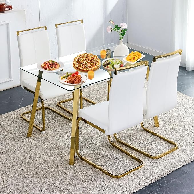 Dining Table Set of 4,51" Rectangle Tempered Glass Table Top with Golden Metal Legs,Kitchen Room Table with 4 White Faux Leather Dining Chairs,Dinner Table for Dining Room Office