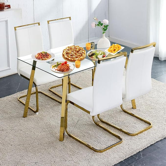 Dining Table Set of 4,51" Rectangle Tempered Glass Table Top with Golden Metal Legs,Kitchen Room Table with 4 White Faux Leather Dining Chairs,Dinner Table for Dining Room Office