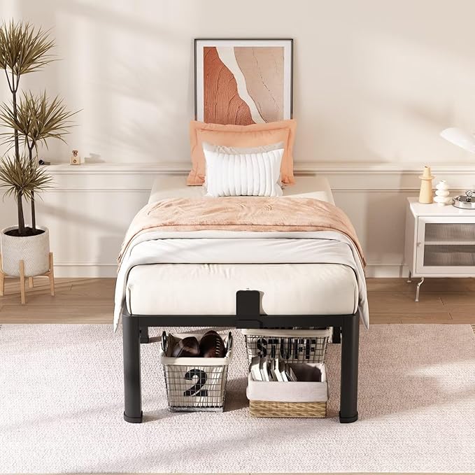 FUIOBYVV 18 Inch Twin XL Bed Frame with Rounded Corner and Headboard Hole Mattress Retainers 3500 LBS Metal Heavy Duty Steel Slats Support No Box Spring Needed Platform Noise Free Easy Assembly