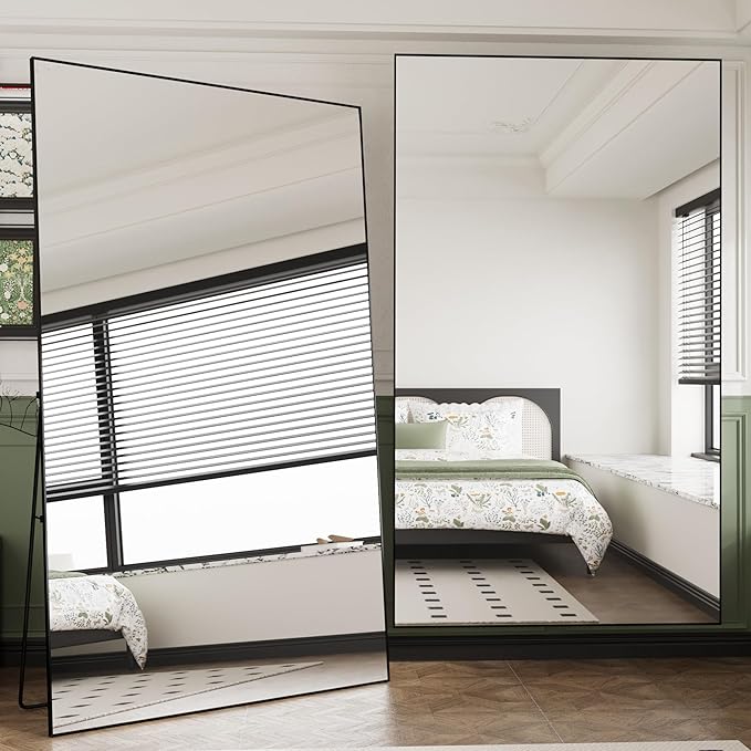 FANYUSHOW 76.3"x37" Full Length Mirror Floor Standing Aluminum Frame for Living Room, Tempered Glass Floor Mirror, Simple Home Decor, Wall Decor for Bedroom & Bathroom, Large Full Body Mirror, Black