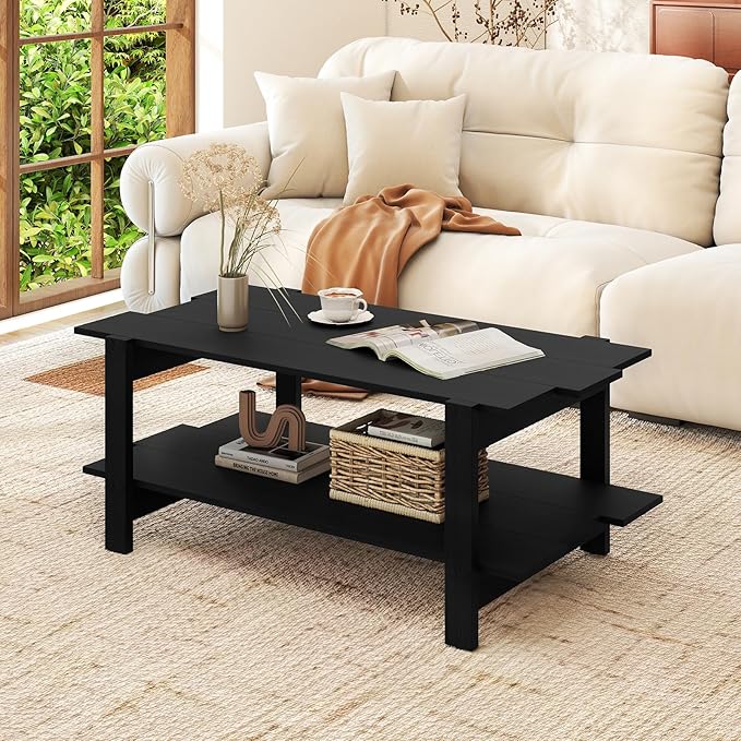 GOFLAME Wood Coffee Table with Storage, 2-Tier Irregular Center Table with Open Storage Shelf, Modern Accent Tea Table for Living Room, Home Office, Reception Room (Black)