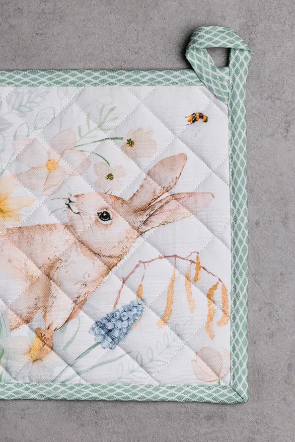 Maison d' Hermine Pot Holders 100% Cotton Heat Resistant Potholders 8" x 8" Hot Pads with Loop BBQ, Cooking, Baking, Grilling, Kitchen, Handling Hot Pans Spring/Summer (Pack of 1, Easter Dew)