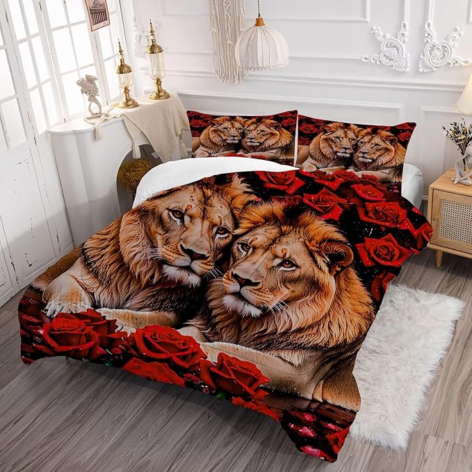 Kids Adults 3D Animal Comforter Set Queen, Soft Wildlife Lion Red Rose Print Bedding Set Theme Design Animal Print Bedding Set for Kids Youth Adults, Modern Brown Lion Quilt Cover Decor Room