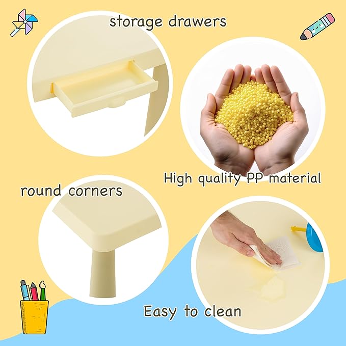 Toddler Table and Chair Set with Storage Drawer, Height-Adjustable Kids Desk and Chair Set for Ages 2-8, Easy-Clean Children’s Table and Chairs with Sturdy Legs & Round Corners