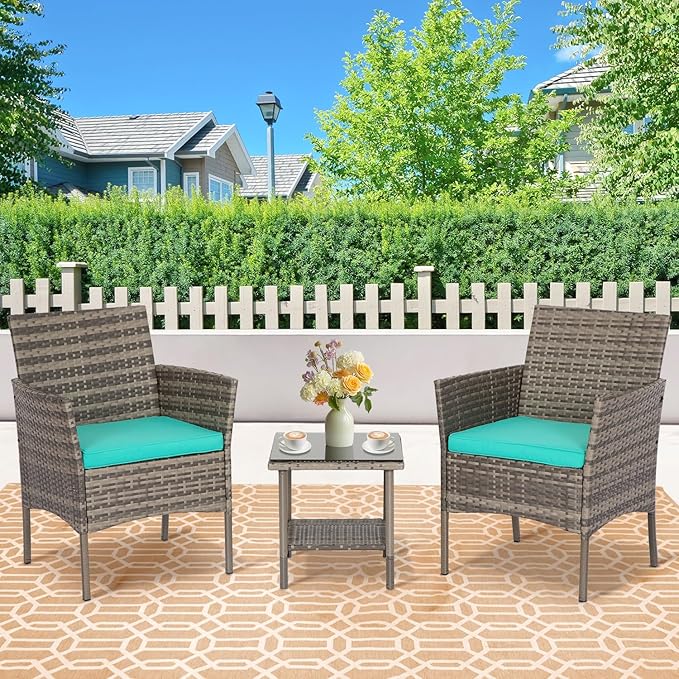 FDW 3 Piece Outdoor Furniture Set Patio Gray Wicker Chairs Furniture Bistro Conversation Set 2 Rattan Chairs with Blue Cushions and Glass Coffee Table for Porch Lawn Garden Balcony Backyard