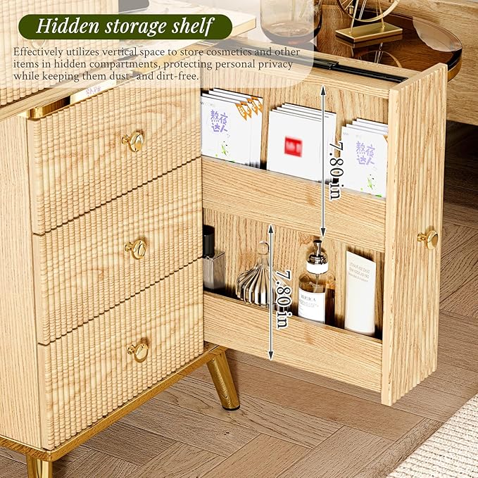 Vanity Desk with 35.12" HD Lighted Mirror, 46.85" Big Modern Vanity Desk with Mirror and Lights, Makeup Vanity with 7 Drawers and Storage Shelves and Charging Station, Oak