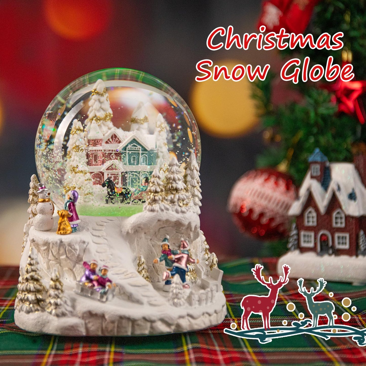 MUMTOP Christmas Snow Globes, Snow Globes Christmas with Musical Battery Operated LED Lights Glittering Water Globes Winter for Holiday Home Indoor Christmas Decorations and Gifts