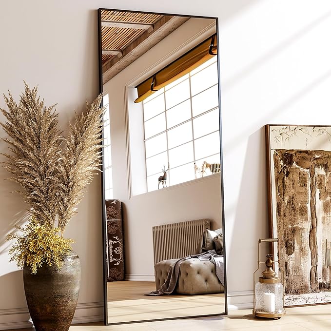 68"x 24" Full Length Mirror with Stand, Large Wall-Mounted or Leaning Floor Mirror with Aluminum Alloy Frame, Rectangular Wall Mirrors for Bedroom, Entryway, and Living Room Decor, Black