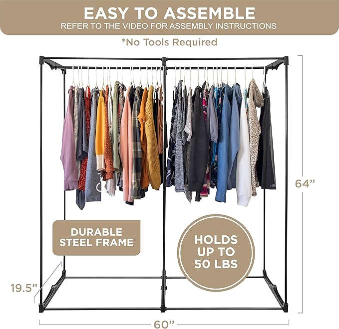 HOLDN’ STORAGE Portable Wardrobe Closet - 65 lb Large Capacity, Internal Heavy Duty Metal Rod, Zipper & Clear Window, Durable Clothes Organizer, Tool-Free Easy Assembly, Beige Canvas Cover