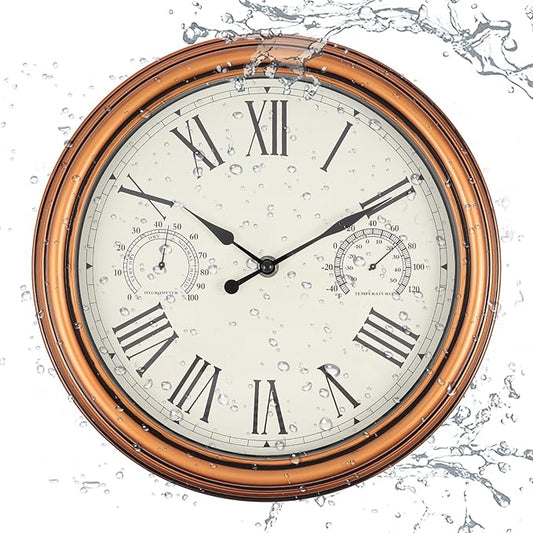 12 inch Outdoor Wall Clock, Plastic Waterproof Wall Clock with Temperature & Humidity for Patio Garden Home
