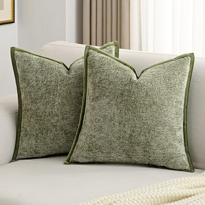 FUTEI Sage Green Chenille Throw Pillow Covers 16x16 Inch Set of 2,Soft Cozy Bound Edge Design Cushion Case,Home Decor for Couch Bed Living Room