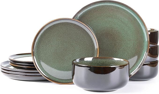 LERATIO Ceramic Dinnerware Sets for 4,12 Pieces Poreclain Plates and Bowls Sets,Scratch Resistant Dishes,Dishwasher & Microwave Saf,Oven Safe Dishes Set,Service for 4-Geen