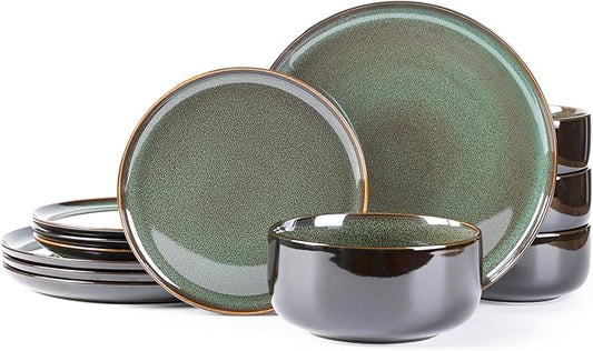 LERATIO Ceramic Dinnerware Sets for 4,12 Pieces Poreclain Plates and Bowls Sets,Scratch Resistant Dishes,Dishwasher & Microwave Saf,Oven Safe Dishes Set,Service for 4-Geen