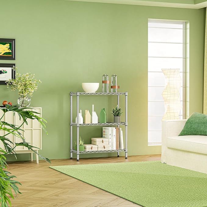 IZEUK 3 Tier Heavy Duty Steel Storage Shelves, Metal Shelf Wire Shelving Rack for Pantry, Kitchen, Cloakroom or Office Organization (13.8" D x 23.6" W x 35.5" H, 750LBS, Chrome)