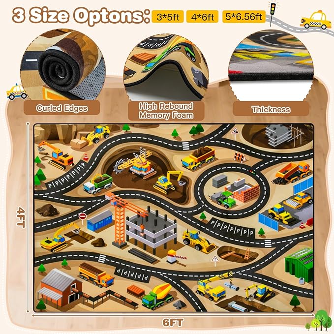Kids 4x6 Ft Construction Site Car Rug - Extra Thick (0.4in),Tufted Wool & Rubber, Non-Slip, Stain & Fade Resistant, Machine Washable, Rustic Cartoon Construction Site Pattern