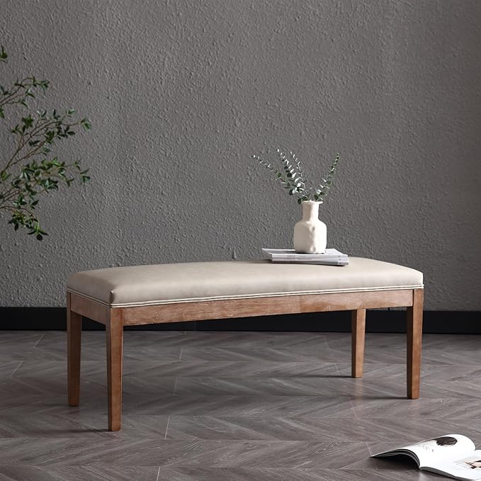 PU Leather Dining Bench Upholstered Entryway Bench Farmhouse Shoe Bench Seat Ottoman for Hallway Living Room Bedroom End of Bed Dining Room Kitchen, 45.5" Long, Gray