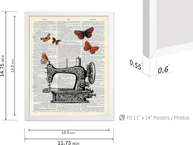 Poster Master Dictionary Art Poster - Sewing Machine Print - Sewing Art - Butterfly Art - Gift for Men, Women & Dressmaker - Chic Decor for Living Room, Bedroom or Office, 11x14 White Framed