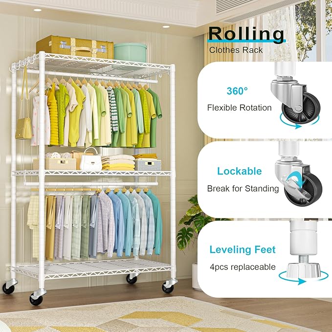 FUTASSI P3 Plus Rolling Clothes Rack, Clothing Racks for Hanging Clothes, Heavy Duty Garment Rack with Wheels, Freestanding Portable Closet Rack 45" W x 14" D x 78.5" H, Max Load 480 LBS, White