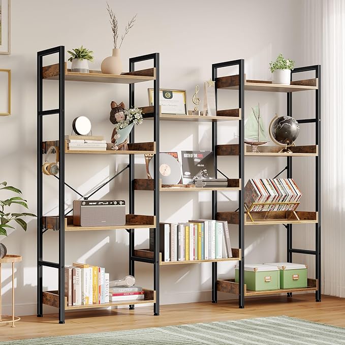 Rolanstar Bookshelf 4 Tiers with 4 Hooks, Triple Bookcase with Open Display Shelves, Industrial Wide Bookshelf with Metal Frame for Living Room, Office, Rustic Brown