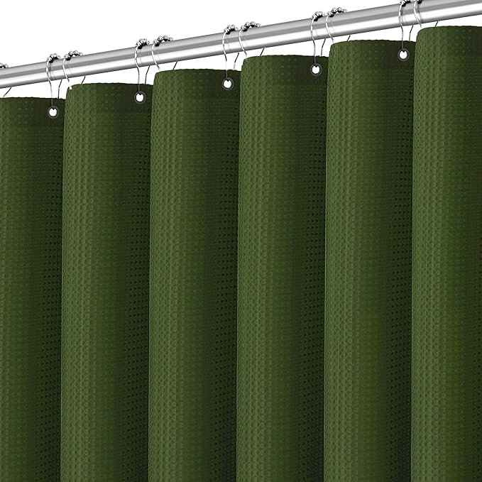 Deep Green Shower Curtain - Waffle Weave Fabric Heavy Duty Shower Curtain for Bathroom, Water Repellent Weighted 256GSM Hotel Quality Machine Washable Bath Curtains with 12 Hooks, 72Wx72H