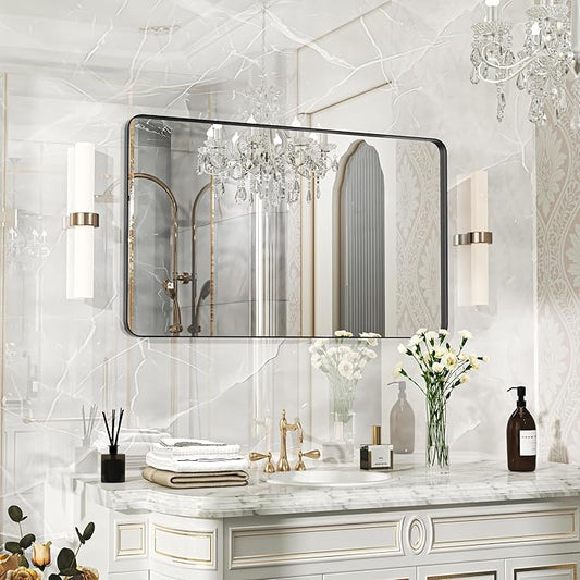 40×24 Black Bathroom Mirror, Rectangular Bathroom Vanity Mirror for Wall with Rounded Corners & Aluminum Alloy Frame, Tempered-Glass, Modern, Farmhouse, Horizontal/Vertical, Entryway, Bedroom