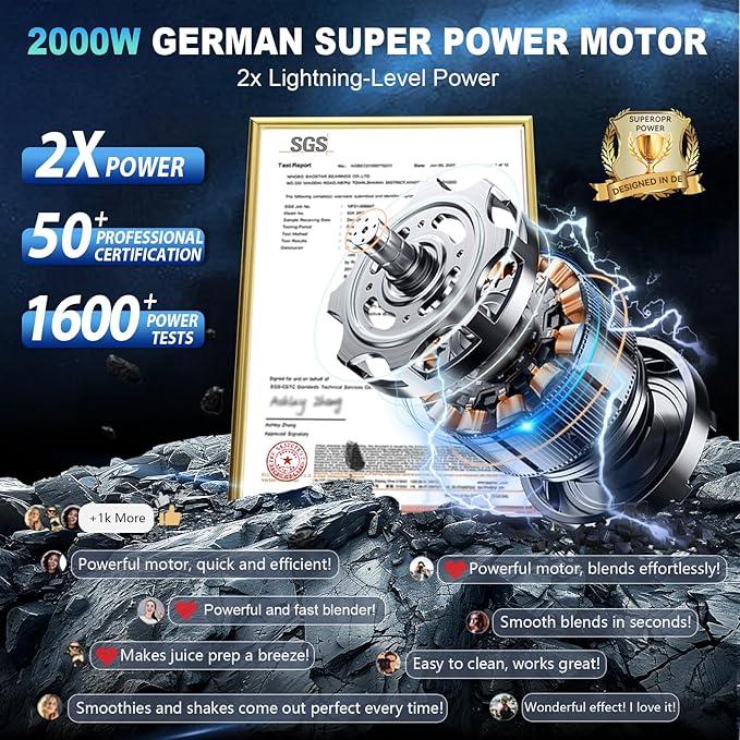2025 Enhanced -Smoothie Blender【2000W German Nano-class Super Motor】【6 Military Grade Titanium Steel Blades】3-Second Quick Ice Crushing, Professional Blender for ice Smoothies and Milkshakes (Gray)