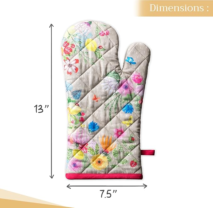 Maison d' Hermine Oven Gloves 100% Cotton Oven Mitt 7" x 13" with Loop Heat Resistant, BBQ, Cooking Gloves, Baking, Grilling, Kitchen, Handling Hot Pans Spring/Summer (Pack of 1, Jardin D'Ete - Fog)