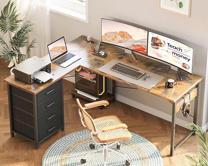 AODK L Shaped Desk with 4 Tier Drawers, 53" Reversible Gaming Desk with Power Outlets, L Shaped Computer Desk with USB Charging Port and Host Stand, Home Office Corner Desk, Easy to Assemble, Vintage