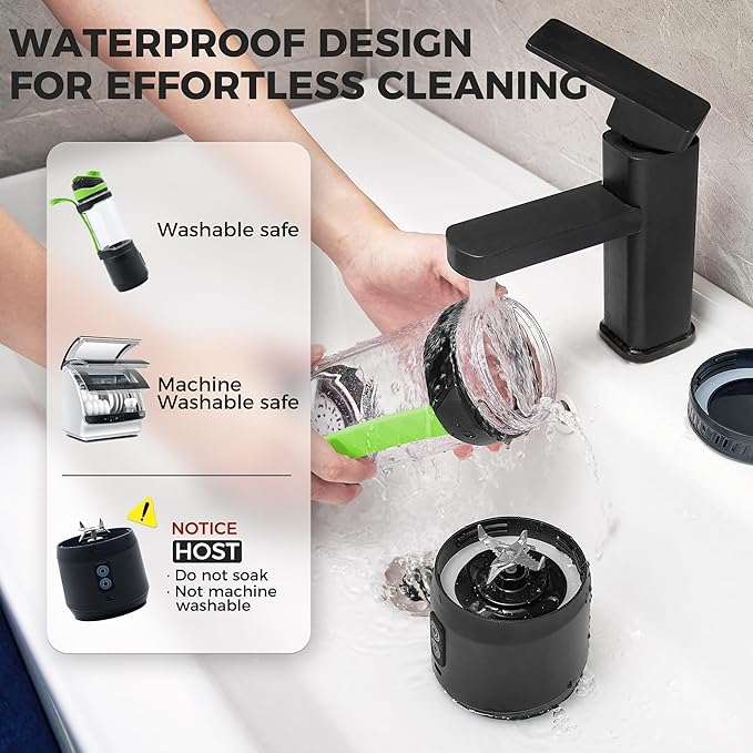 Portable Blender, Anti-Jamming 300 Watt for Shakes and Smoothies, 24oz Travel Blender USB Rechargeable, BPA Free Sporty bottle with a Travel Lid. (Black Base Grey Lid) (Black Base Green Lid)