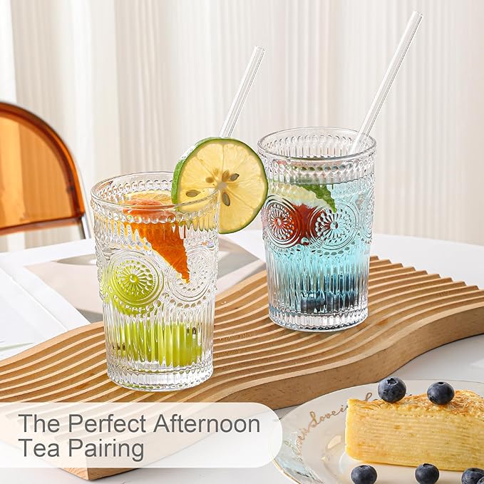 Vintage Glassware Drinking Glasses Set of 6,13 oz Clear Textured Flower Design Glass Water Tumblers，Embossed Striped Drinkware for Water,Cocktails,Juice,Iced Coffee