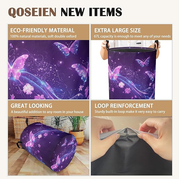 Laundry Hamper,Flying Butterflies Laundry Basket,Glowing Stars Waterproof Oxford Cloth Storage Basket with Handle for Clothes Books Nursery Home Storage Sundries 16"x20"