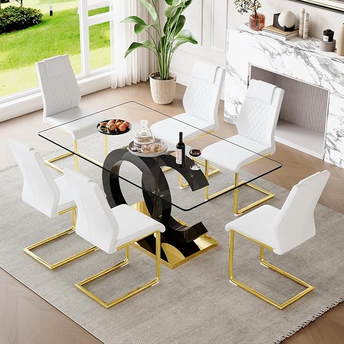63'' Glass Dining Table Set for 6, Kitchen Table Chairs Set of 6, Clear Glass Dining Table with Black unique design Leg and Gold Metal Base, 6 PU Dining Chairs with Metal Legs, Living Room, Kitchen.