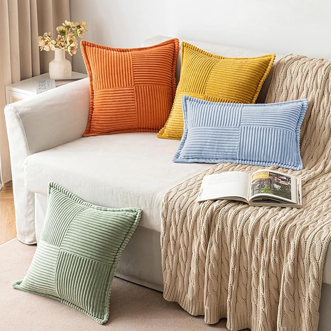 MIULEE Decorative Throw Pillow Covers for Couch Bed Livingroom 18x18 Inch Set of 2 Baby Blue Boho Accent Throw Pllows Broadside Striped Patchwork Soft Corduroy Pillowcases