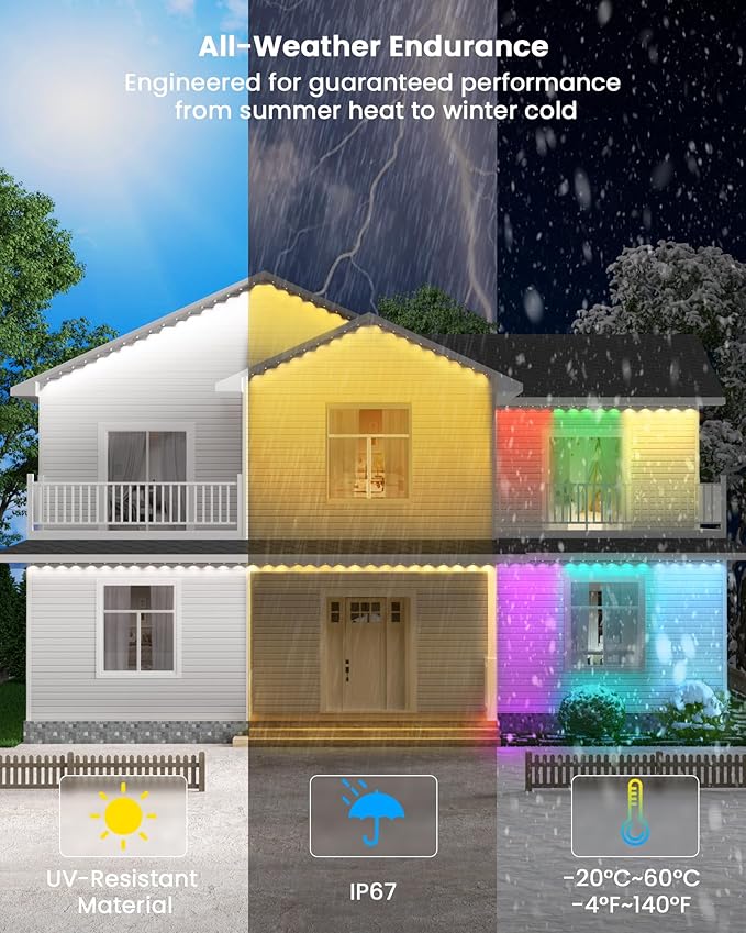 Gefolly Permanent Outdoor Lights Pro, 100ft with 60 RGBW Double-LED Lights 111 Scene Modes for Daily, Halloween, Christmas, IP67 Waterproof for Outdoor Decor, Works with Alexa, Google Assistant, White