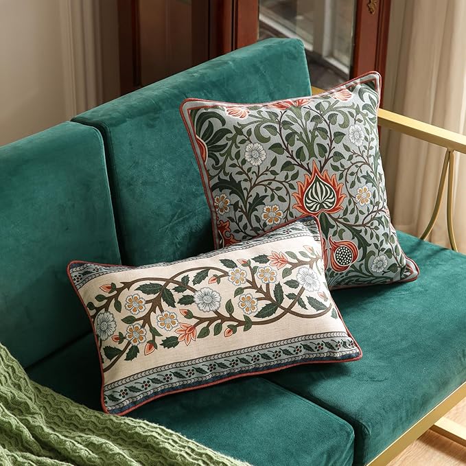 Design Lumbar Retro Elegant Linen Throw Pillow Covers 12"x20" Pack of 2, Blue Gray Floral Vine Pattern Cushion Covers Decor Rectangle Pillowcases for Bed,Living Room,Outdoor,Car