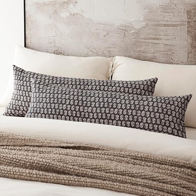 Foindtower Set of 2 Decorative Neutral Body Lumbar Throw Pillow Covers Vintage Accent Farmhouse Cushion Covers Boho Floral Home Decor for Sofa Couch Chair Bedroom Living Room Outdoor,14×36 Inch,Black