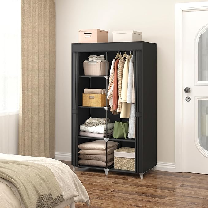 35 Inch Portable Closet for Small Room, Clothing Organizer Storage Rack with Non-Woven Fabric Cover, 1 Clothes Hanging Rod, 6 Storage Shelves, Black