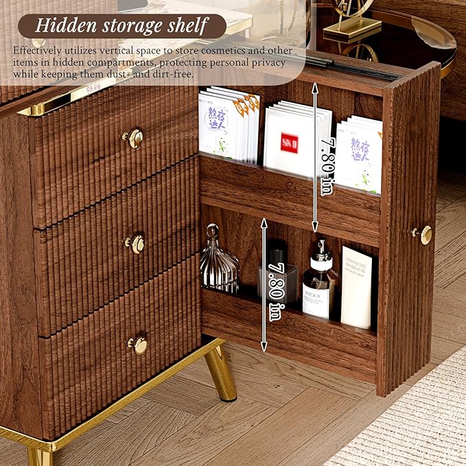 Vanity Desk with 35.12" HD Lighted Mirror, 46.85" Big Modern Vanity Desk with Mirror and Lights, Makeup Vanity with 7 Drawers and Storage Shelves and Charging Station, Walnut