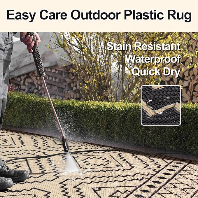 Wonnitar 8x10 Outdoor Rug, Large Waterproof Reversible Plastic Straw Rug for Patios, Indoor/Outdoor Area Rug Lightweight Camping Rug for Outside RV Balcony Garden Deck (Black & Beige,8'x10')