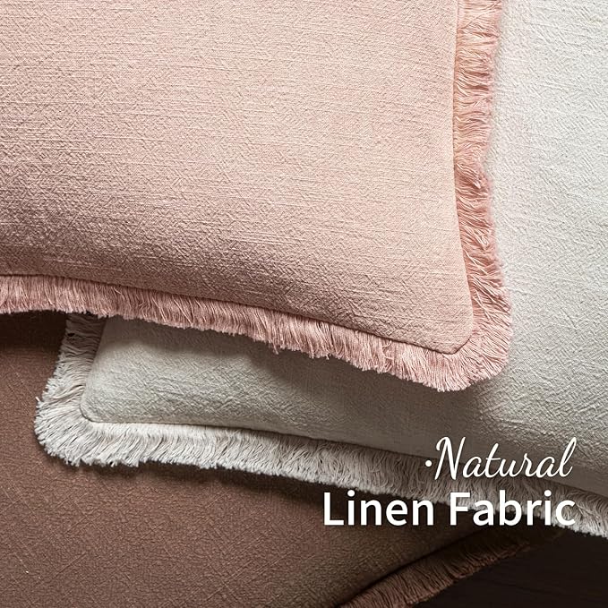 MIULEE Decorative Throw Pillow Covers Neutral Linen Fringe Throw Pillows Set of 2 Light Pink Boho Farmhouse Cushion Covers for Couch Sofa Bed Living Room Spring Home Decor 18x18 Inch