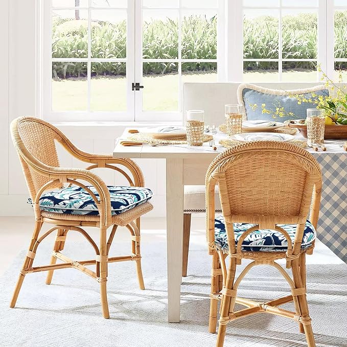 Set of 2 Outdoor Chair Cushions with Ties,Water Repellent Patio Chair Pads 17"x 16" for Outdoor Furniture,Round Corner Seat Cushions for Garden Yard Kitchen Baltic Palms White