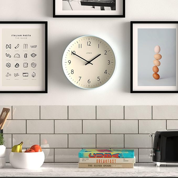 JONES CLOCKS® Studio Wall Clock | Modern Round Clock | 12 inch | Pale Blue | Easy to Read Numbers | Versatile Design for Kitchen, Living Room or Office