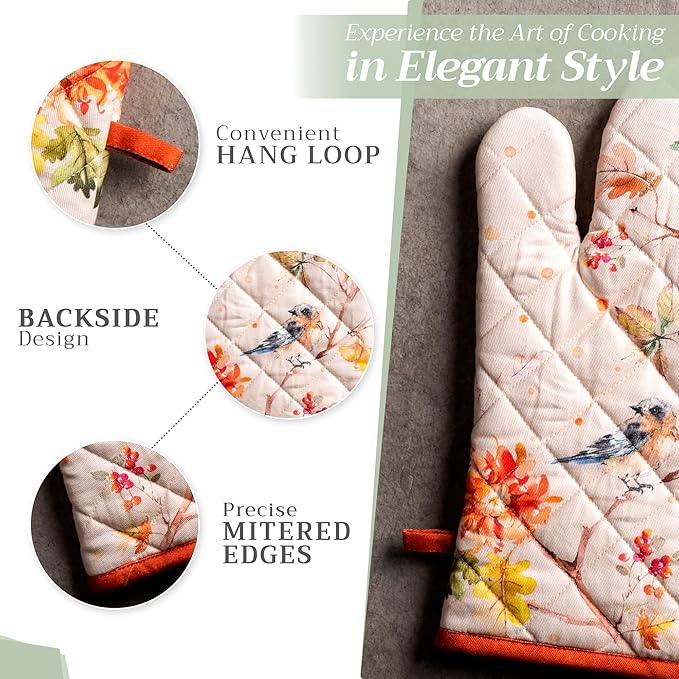 Maison d' Hermine 100% Cotton Oven Mitt & Pot Holder Set (7.5"x13" & 8"x8") Heat Resistant BBQ Cooking Gloves with Loop for Thanksgiving Christmas Decorations Handling Hot Pans (Kelim - Prairie)