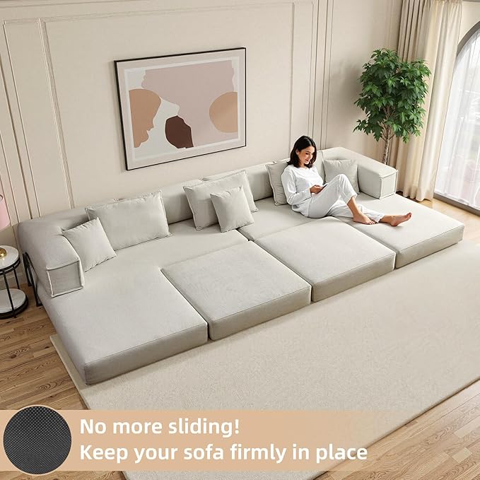 Rovibek 118" 5-in-1 Memory Foam Boneless Sectional Couch, Modular Convertible Sleeper Sofa Bed, Full Size No Assembly Required DIY Combination, Oversized Lazy Sofa with Fixed Frame Beige