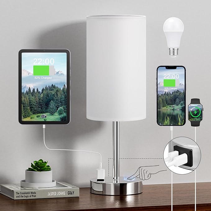 Touch Bedside Lamp - White, 3-Way Dimmable, USB A + C Charging, AC Outlet, 17.4inch Medium
