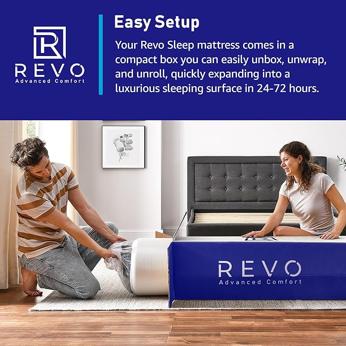 REVO Sleep Gel Memory Foam Mattress, 12-Inch Queen – Cooling Mattress with Pressure-Relieving Gel Foam, Contouring Support & Breathable Comfort for Restful Sleep