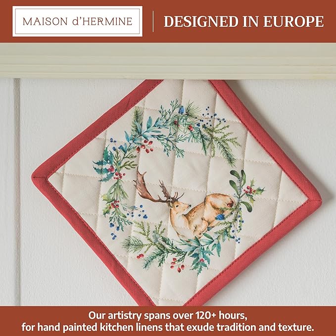 Maison d' Hermine Pot Holders 100% Cotton Heat Resistant Potholders 8" x 8" Hot Pads with Loop for Thanksgiving Christmas Decorations BBQ Cooking Baking Handling Hot Pans (Pack of 1, Holly Time)