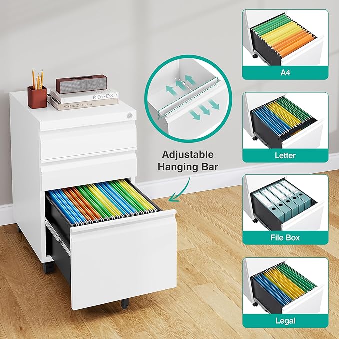 3 Drawer File Cabinet with Lock,Under Desk File Cabinet with Wheels,White Rolling File Cabinet,Three Drawer Metal Filing Cabinet for Home Office,Fit A4/Letter/Legal File,Fully Assembled Except Casters
