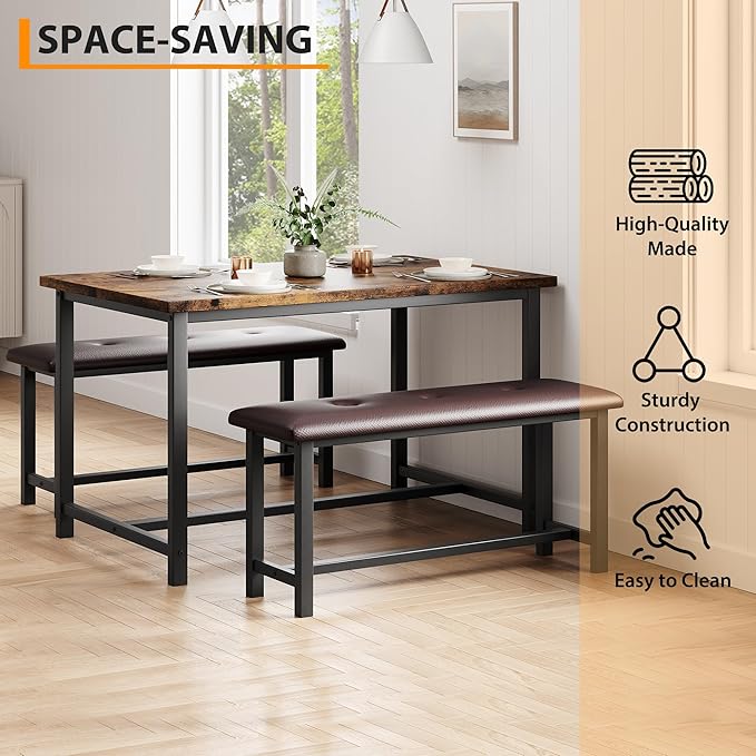 Dining Table Set for 4, Dining Room Table Set with 2 Upholstered Benches, Small Kitchen Table Set, 3 Piece Farmhouse Rectangular Dining Room Table Set, Space Saving Dining Table for Apartment